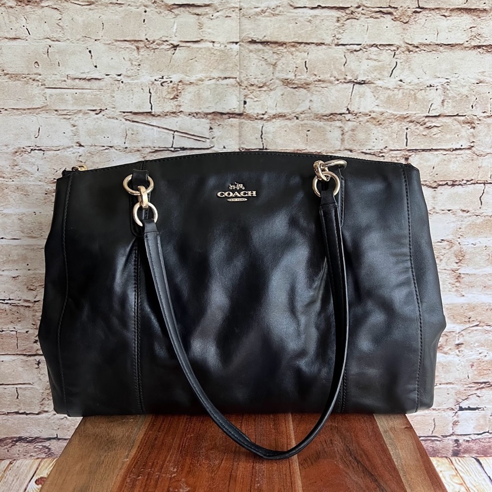 Coach F36680 Christie Carryall Black Leather Satchel Shoulder Bag Handbag